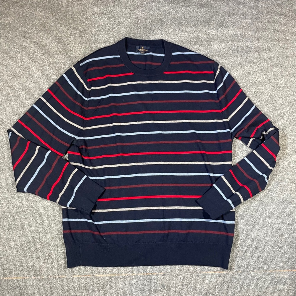 Brooks Brothers Sweater Mens XL Navy Striped Extra Fine Merino Wool Crewneck